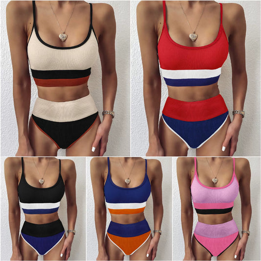 Mixed Color Stripe Bikini High Waist Two-Piece Swimsuit Minimalist Bikini European and American Triangle Thread Swimsuit