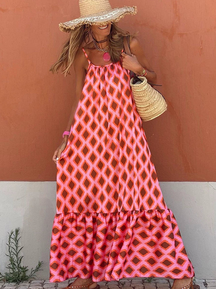 Fashion Geometric Print Sling Long Dress 2024 Summer New Arrival Loose Waist round Neck Sleeveless Thin Dress