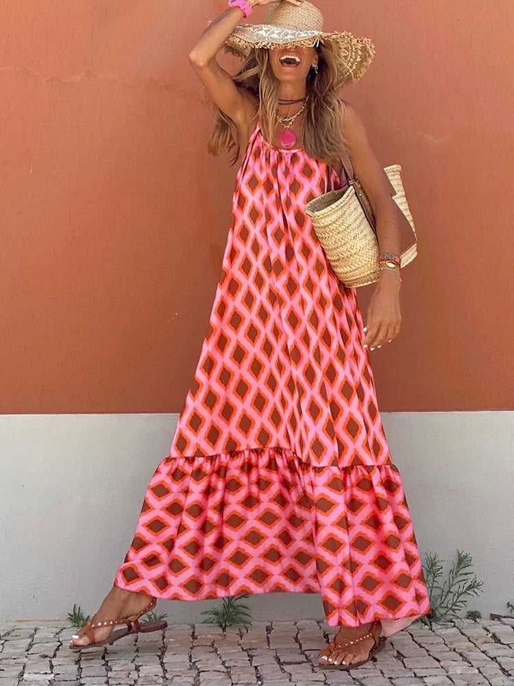 Fashion Geometric Print Sling Long Dress 2024 Summer New Arrival Loose Waist round Neck Sleeveless Thin Dress