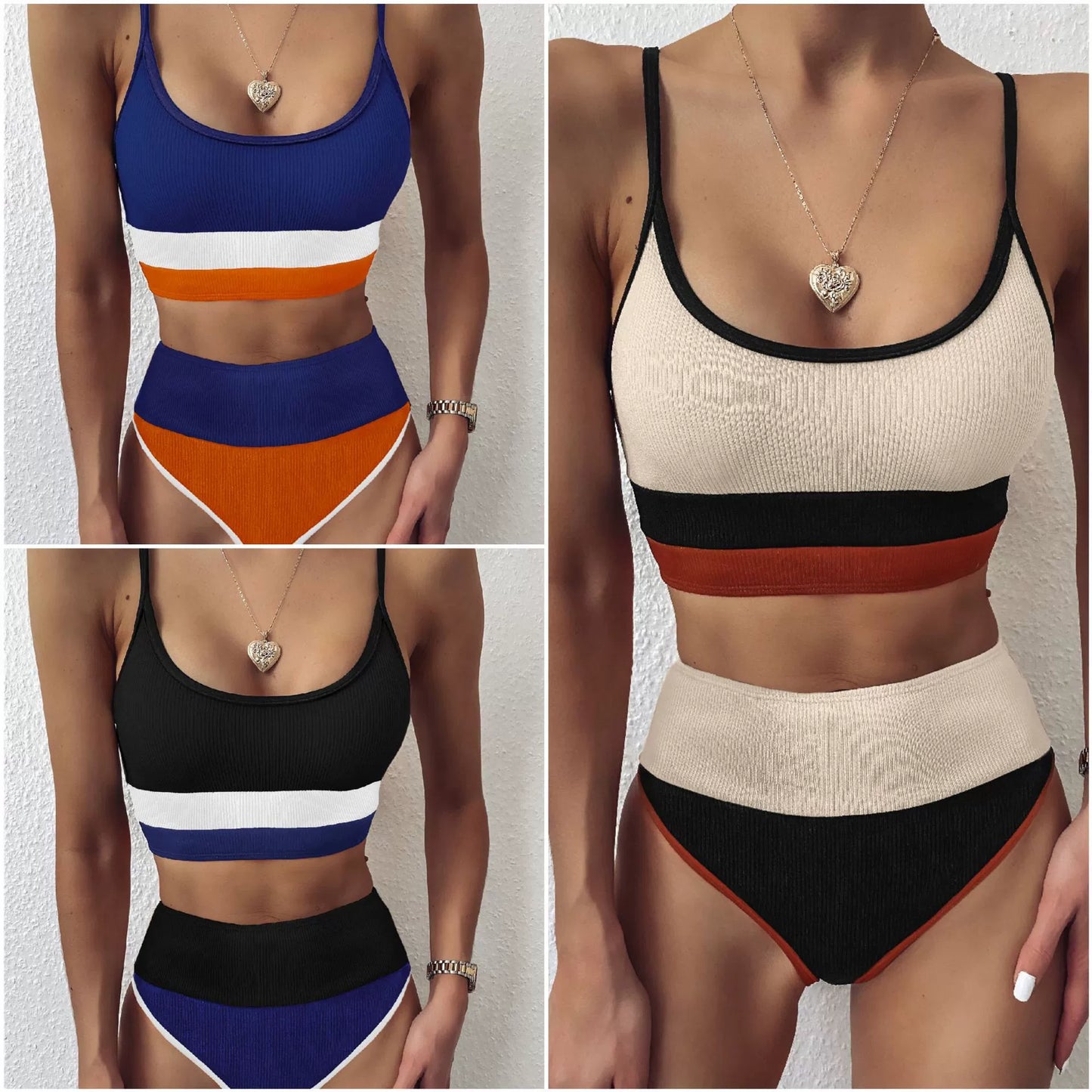 Mixed Color Stripe Bikini High Waist Two-Piece Swimsuit Minimalist Bikini European and American Triangle Thread Swimsuit