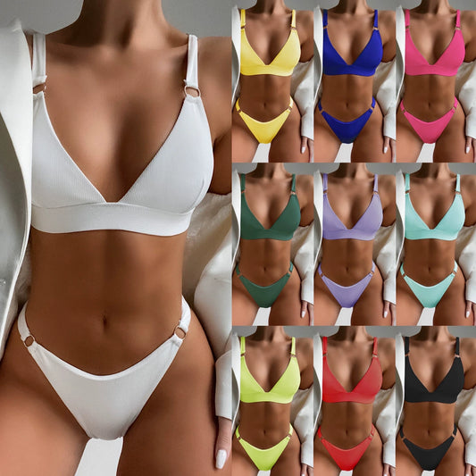 Fashion AliExpress Export Solid Color Separates Swimsuit with Chest Pad Triangle Bikini Swimming Suit Sexy Bikini