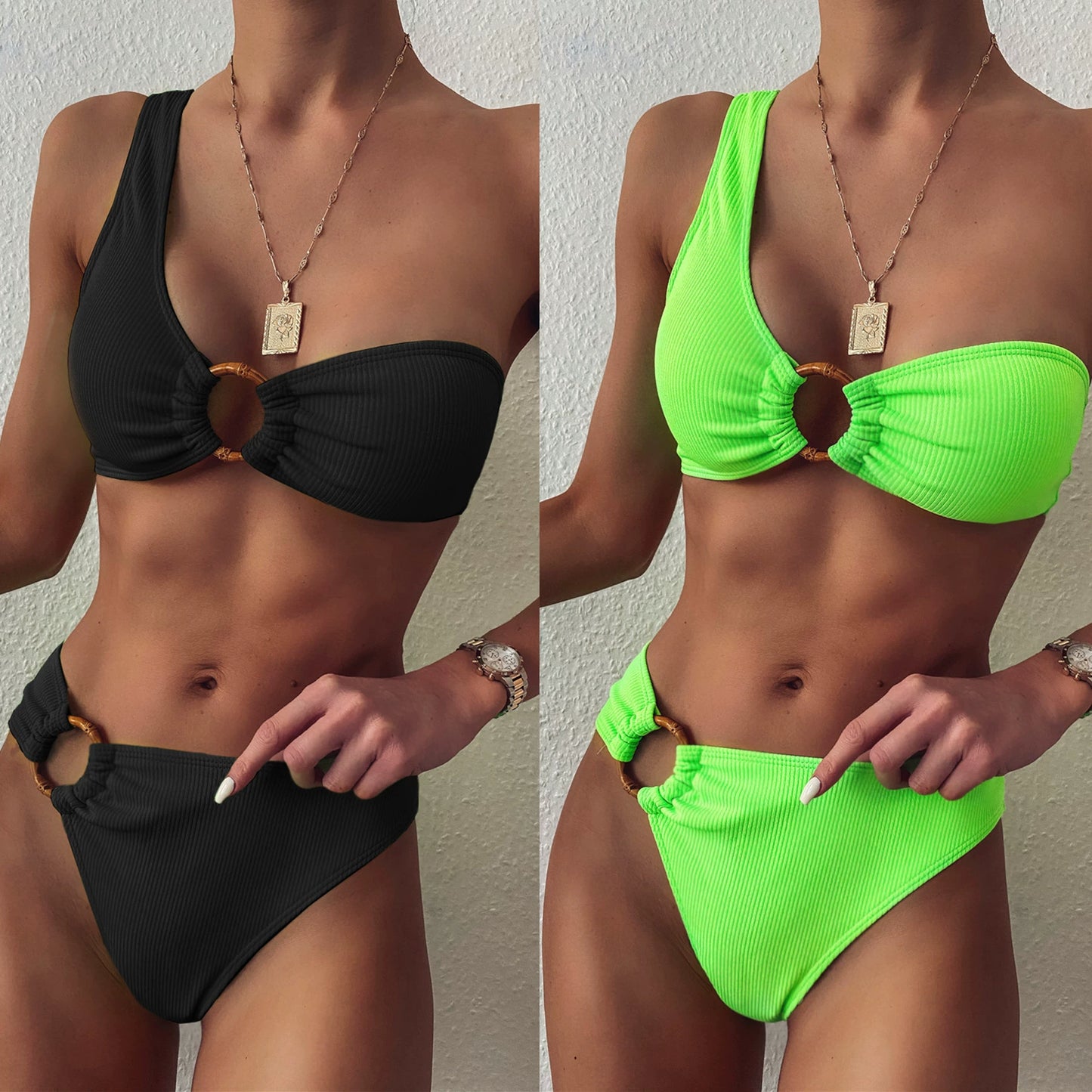 One Shoulder Ring Triangle Bikini Sexy Pure Color Separates Swimsuit Fashion Beach Bikini Women Swimwear