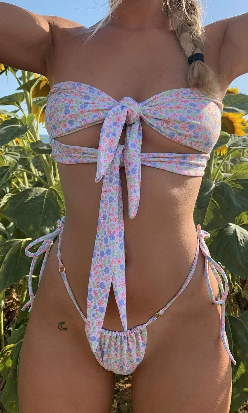 Girls Fresh Print Sweet Cutout Strap Separates Swimsuit with Chest Pad Bikini Swimsuit Sexy Bikini