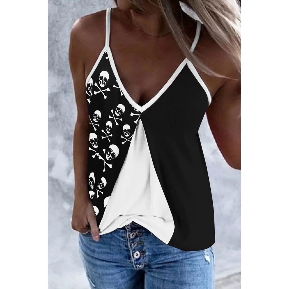 Retro Deep V-neck Sleeveless Skull Printed Vest