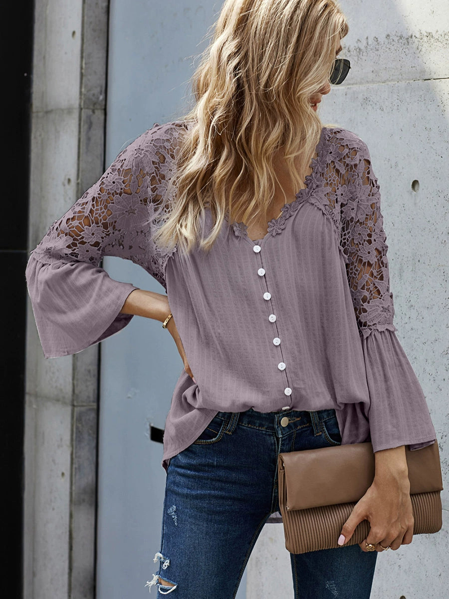 Long Sleeves Fashion Loose V-neck Pullover Tops Lace Shirt