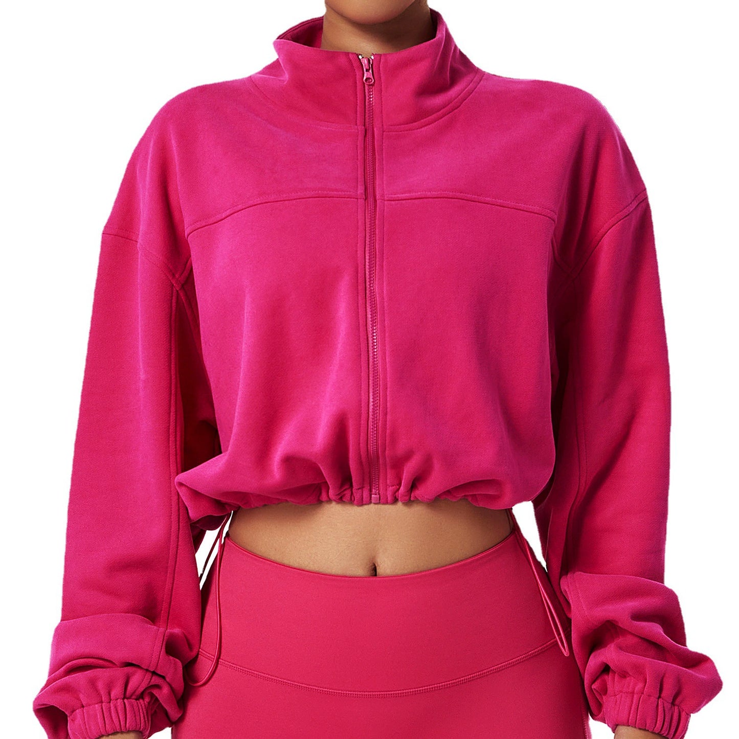 European and American Women's Drop-Shoulder Stand Collar All-Matching Short Drawstring Sweatshirt