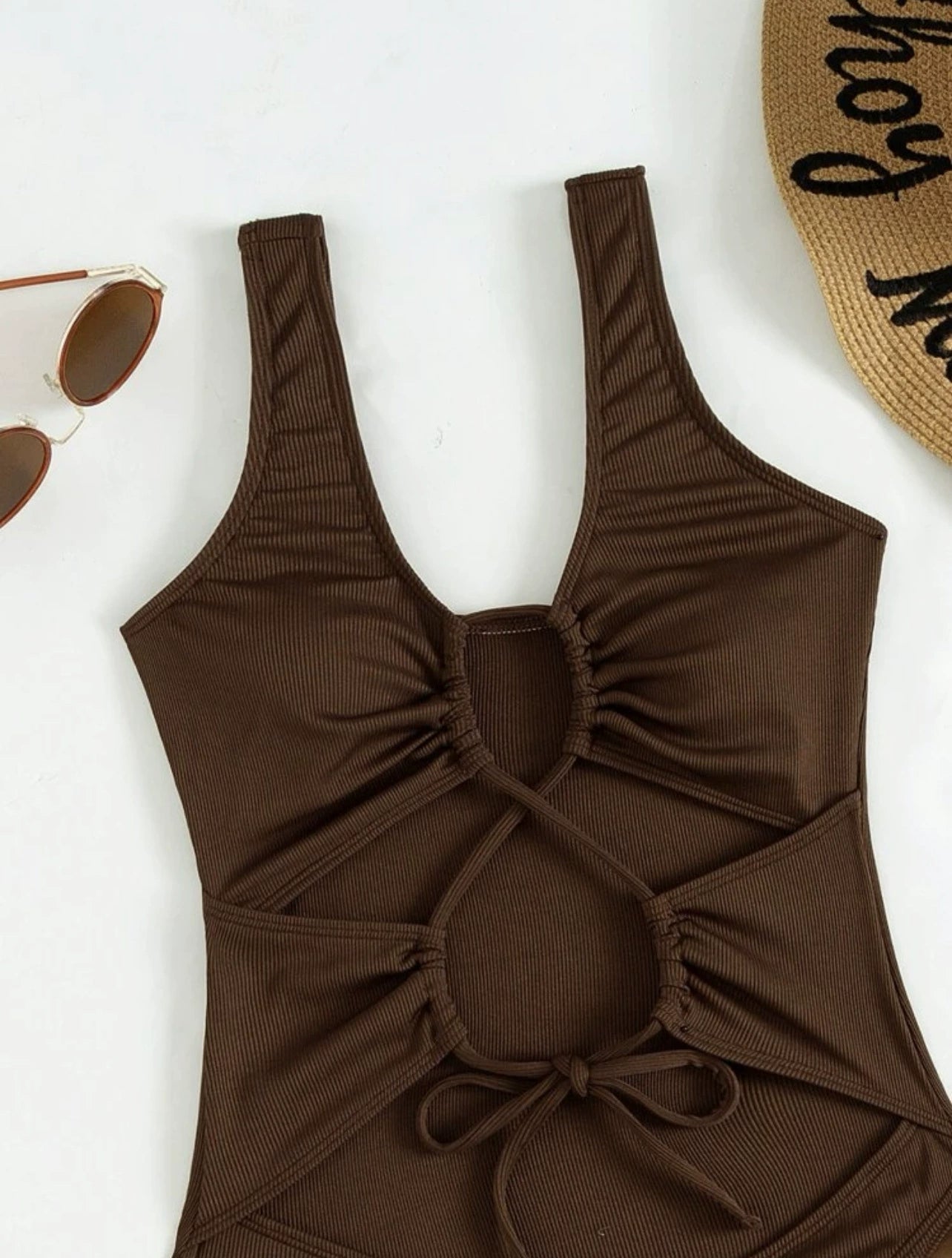 Fashion Export Cross-Border Cut Out Pure Color Ribbon Chest Pad Sleeveless Mesh Sexy One Piece Swimsuit Sexy Bikini Swimsuit